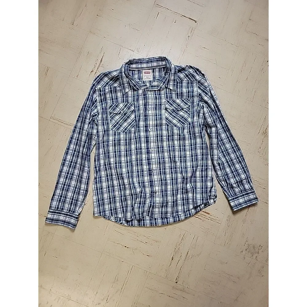 Levis‎ Pearl Snap Western Men's Shirt  XXL 2XL Blue Plaid Long Sleeve White Tab
